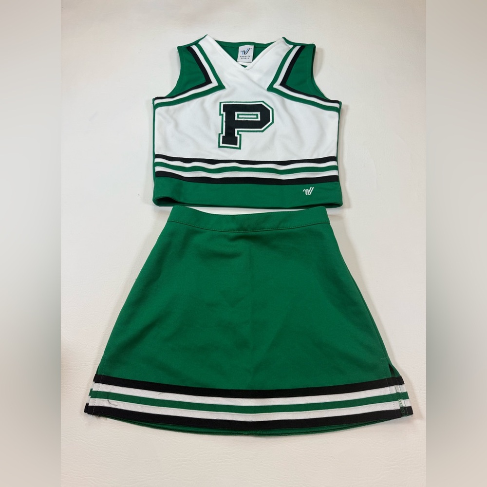 Varsity Spirit green white P cheer set size small / XS (bin GG37)